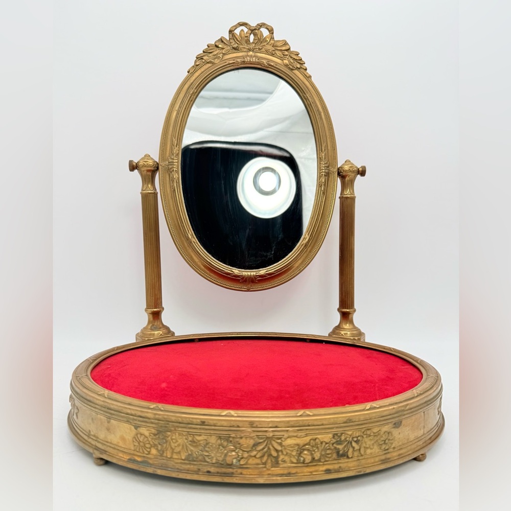 Vintage Victorian Brass Swivel Vanity Mirror | Bow Crest | Red Velvet Base |